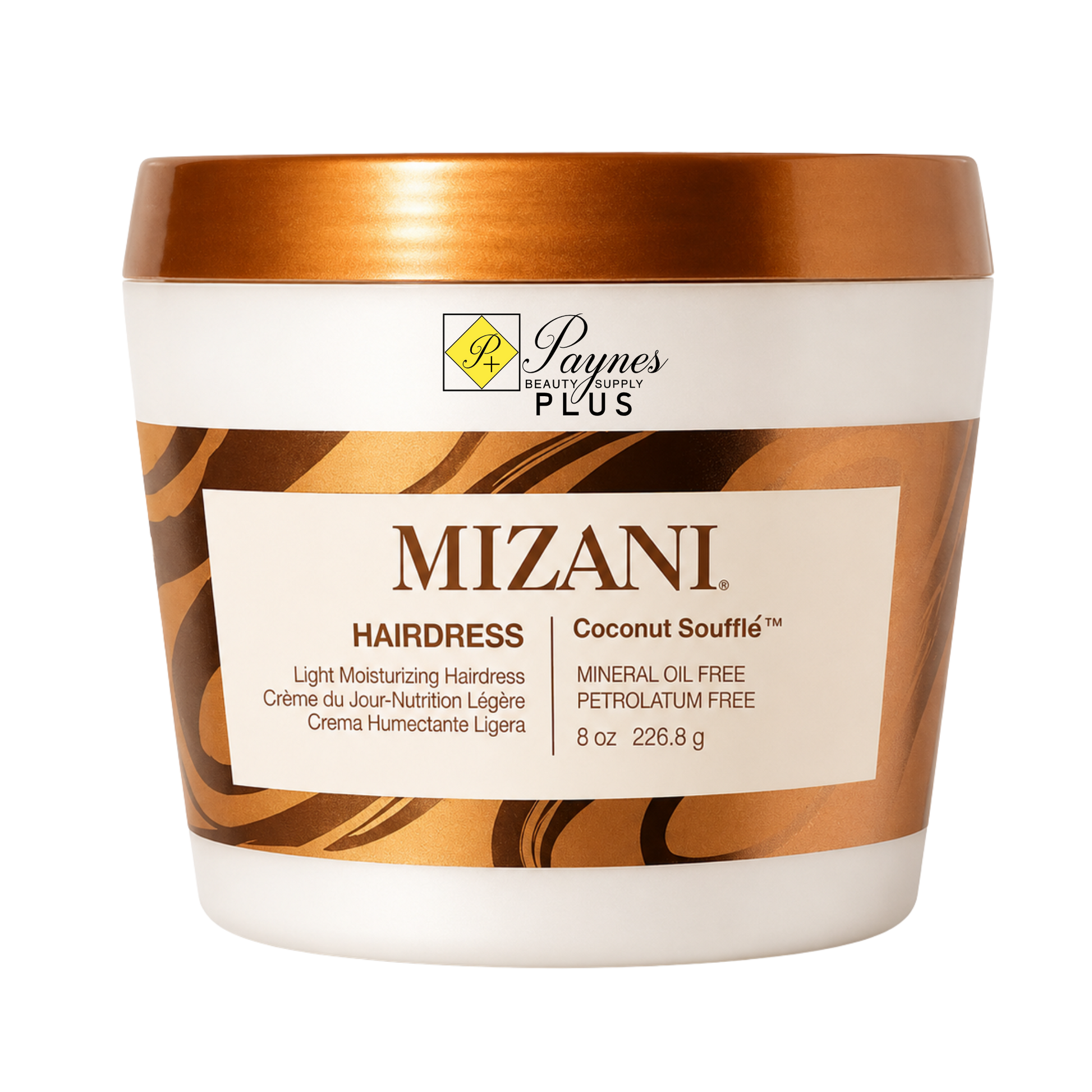 A white plastic 8oz Mizani Hairdress Coconut Souffle hair oil with a metallic bronze lid and patterned label, shown on a plain white background.