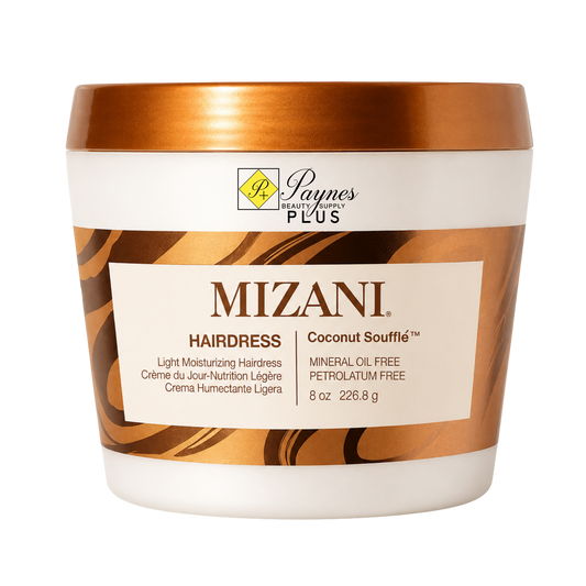 A white plastic 8oz Mizani Hairdress Coconut Souffle hair oil with a metallic bronze lid and patterned label, shown on a plain white background.