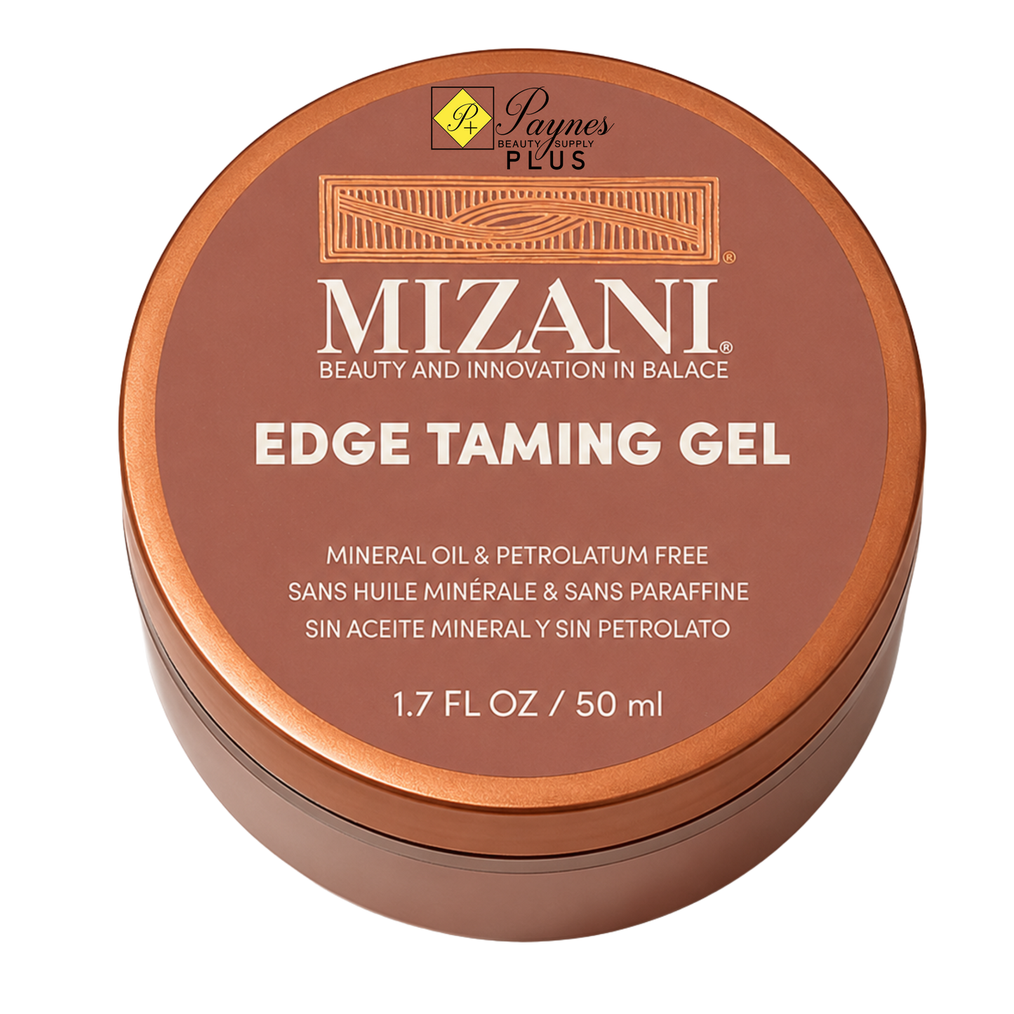 A round metal tin of Mizani Edge Taming Gel 1.7oz , featuring a metallic copper-brown lid with white text on a clean white background.