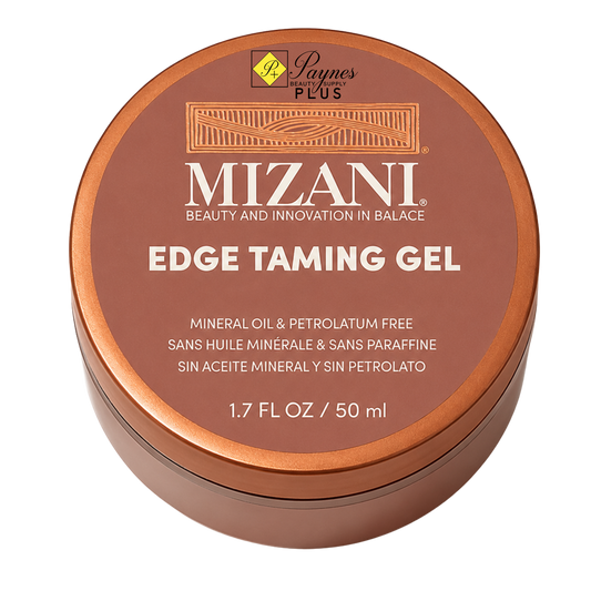A round metal tin of Mizani Edge Taming Gel 1.7oz , featuring a metallic copper-brown lid with white text on a clean white background.