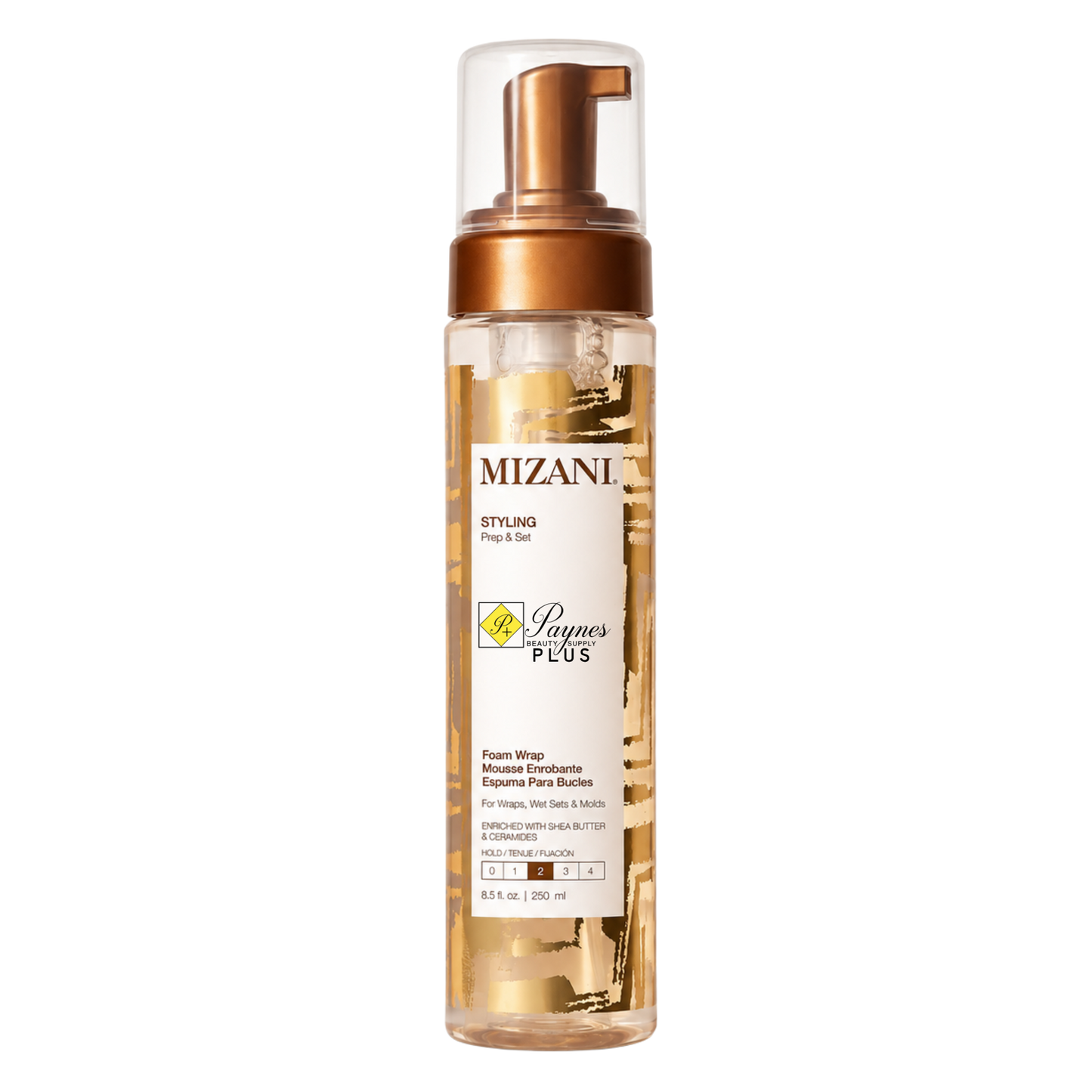 Mizani Styling Foam Wrap 8.5oz foam wrap hair conditioner in a clear bottle with a metallic gold pump and a white label, shown on a plain white background.