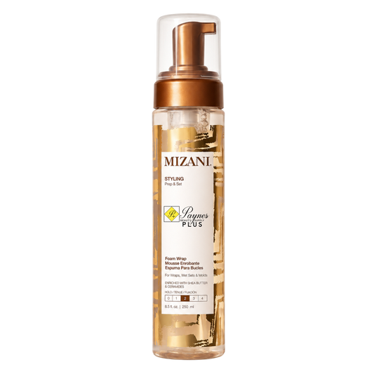 Mizani Styling Foam Wrap 8.5oz foam wrap hair conditioner in a clear bottle with a metallic gold pump and a white label, shown on a plain white background.