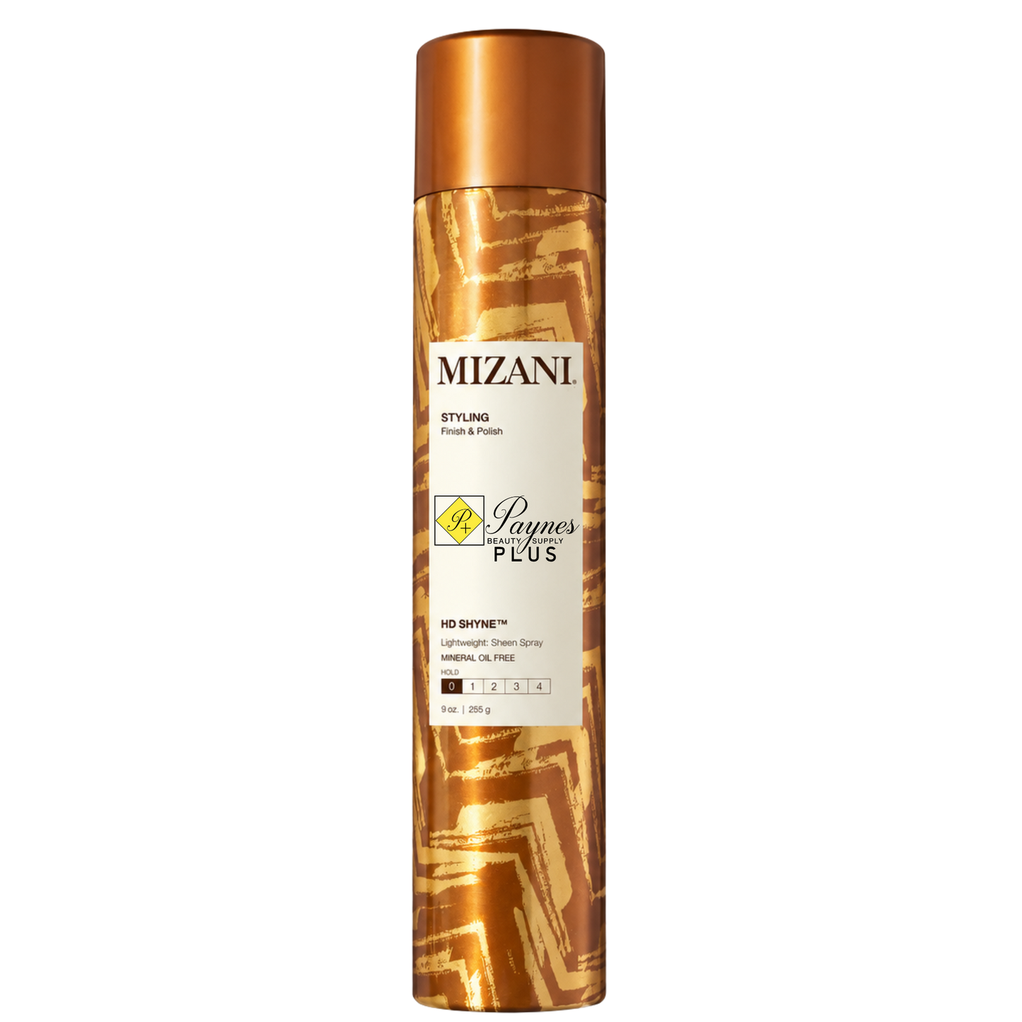 A 9oz single can of Mizani Styling Frizz & Fly Spray in the Raynes Plus scent, featuring a metallic copper cap and a patterned brown and gold body with a white label.