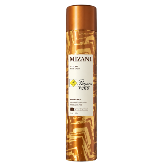 A 9oz single can of Mizani Styling Frizz & Fly Spray in the Raynes Plus scent, featuring a metallic copper cap and a patterned brown and gold body with a white label.