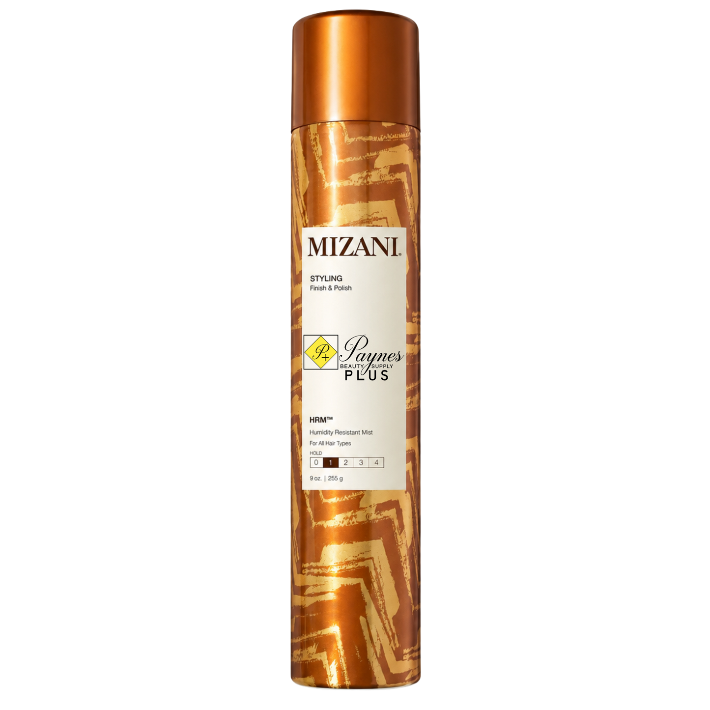 A can of Mizani Styling Humidity Resistant Mist, featuring a metallic copper-orange cap and a matching patterned container with a white label.