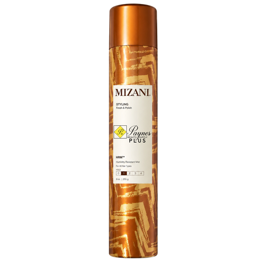 A can of Mizani Styling Humidity Resistant Mist, featuring a metallic copper-orange cap and a matching patterned container with a white label.