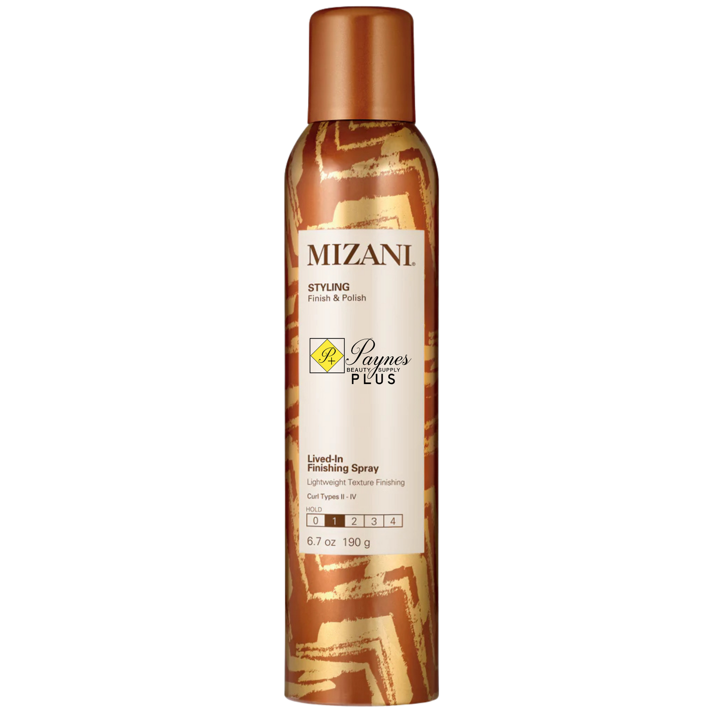 A can of 6.7oz Mizani Styling Finish & Finish Living In Finishing Spray with a metallic copper cap and a white label on a patterned brown and gold bottle, set against a plain white background.