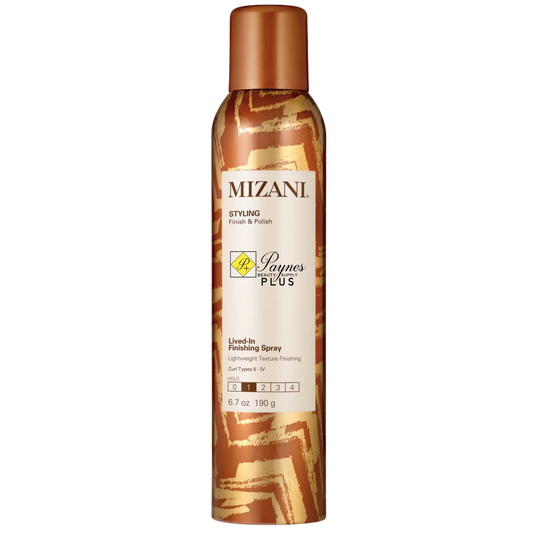A can of 6.7oz Mizani Styling Finish & Finish Living In Finishing Spray with a metallic copper cap and a white label on a patterned brown and gold bottle, set against a plain white background.