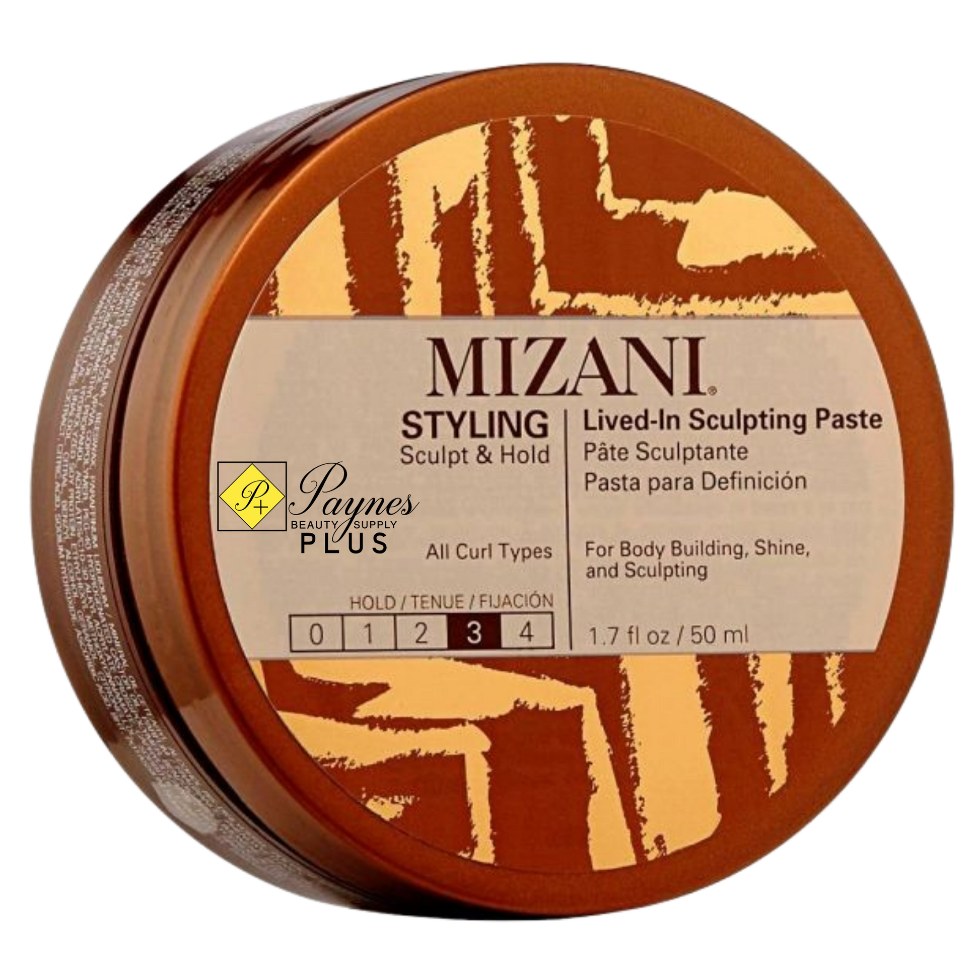 Mizani 1.7oz Styling Lived-In Sculpting Paste in a round brown plastic tub with a beige and brown label, on a white background.