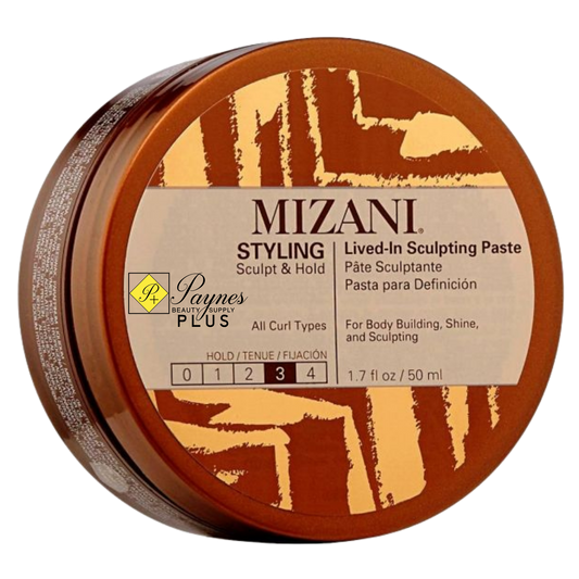 Mizani 1.7oz Styling Lived-In Sculpting Paste in a round brown plastic tub with a beige and brown label, on a white background.