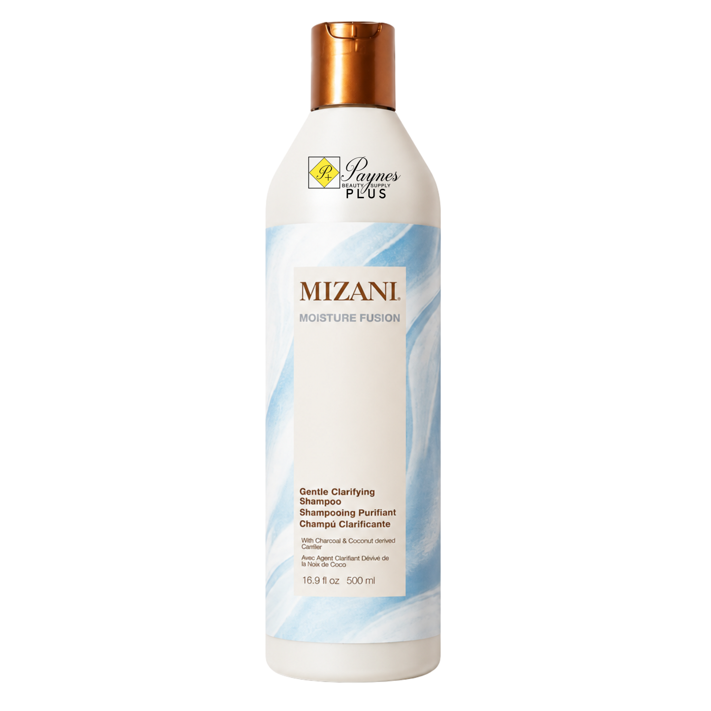 A 16.9oz bottle of Mizani Moisture Fusion Gentle Clarifying Shampoo with a white body, light blue abstract swirls on the label, and a metallic copper cap, shown against a plain white background.