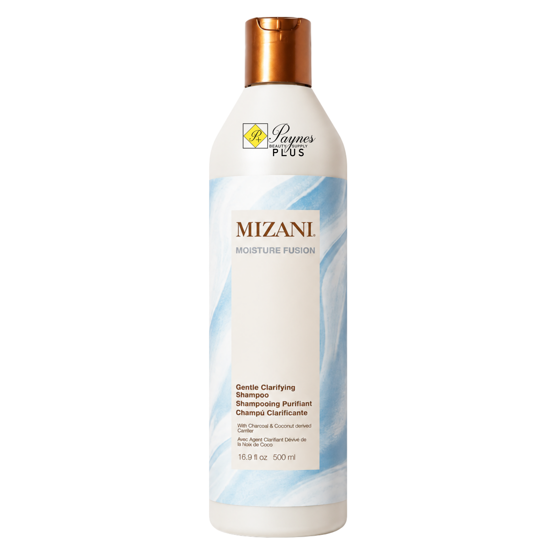 A 16.9oz bottle of Mizani Moisture Fusion Gentle Clarifying Shampoo with a white body, light blue abstract swirls on the label, and a metallic copper cap, shown against a plain white background.
