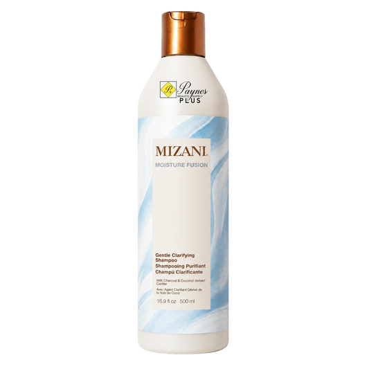 A 16.9oz bottle of Mizani Moisture Fusion Gentle Clarifying Shampoo with a white body, light blue abstract swirls on the label, and a metallic copper cap, shown against a plain white background.