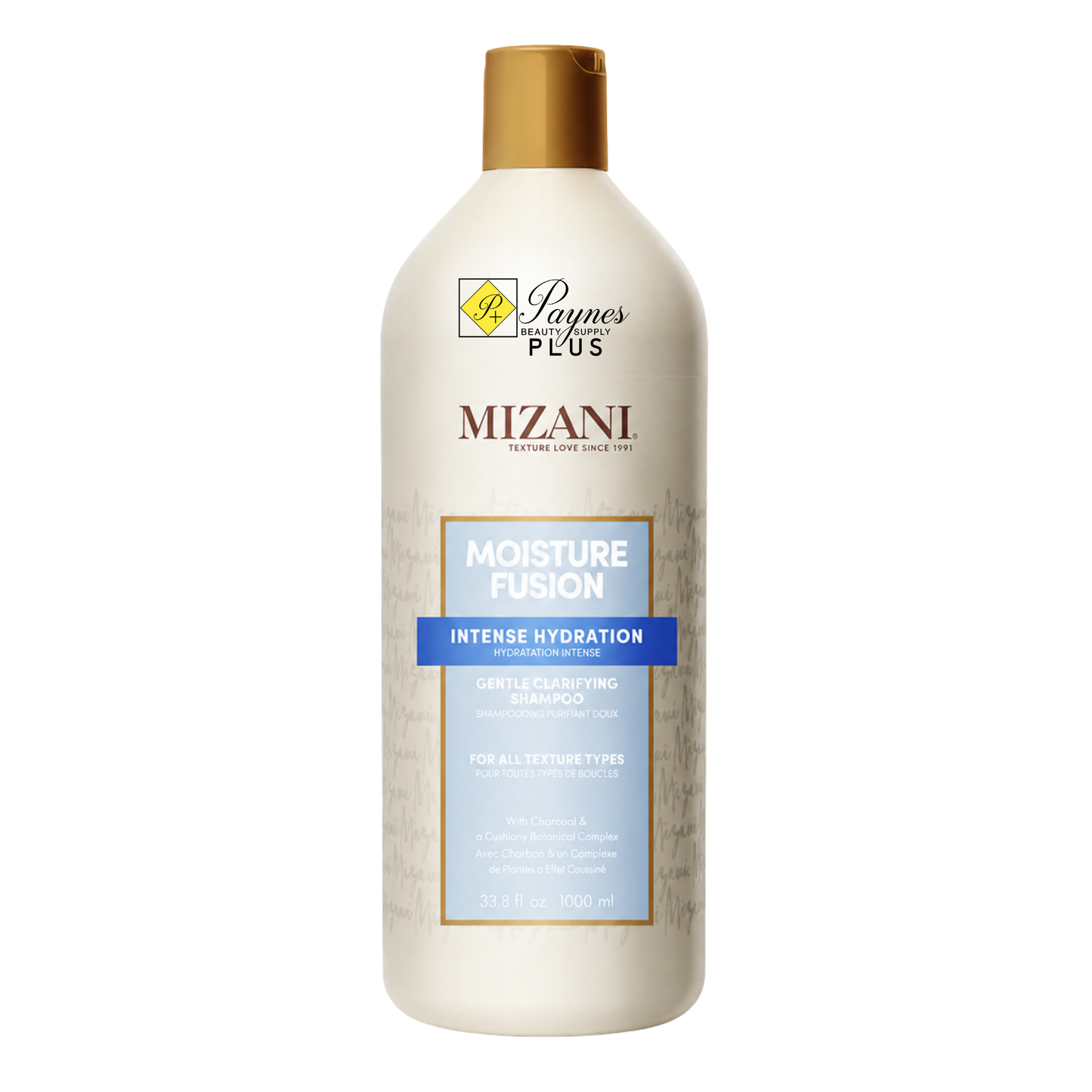 A 33.8 oz bottle of Mizani Moisture Fusion Gentle Clarifying Shampoo with a white body, light blue abstract swirls on the label, and a metallic copper cap, shown against a plain white background.