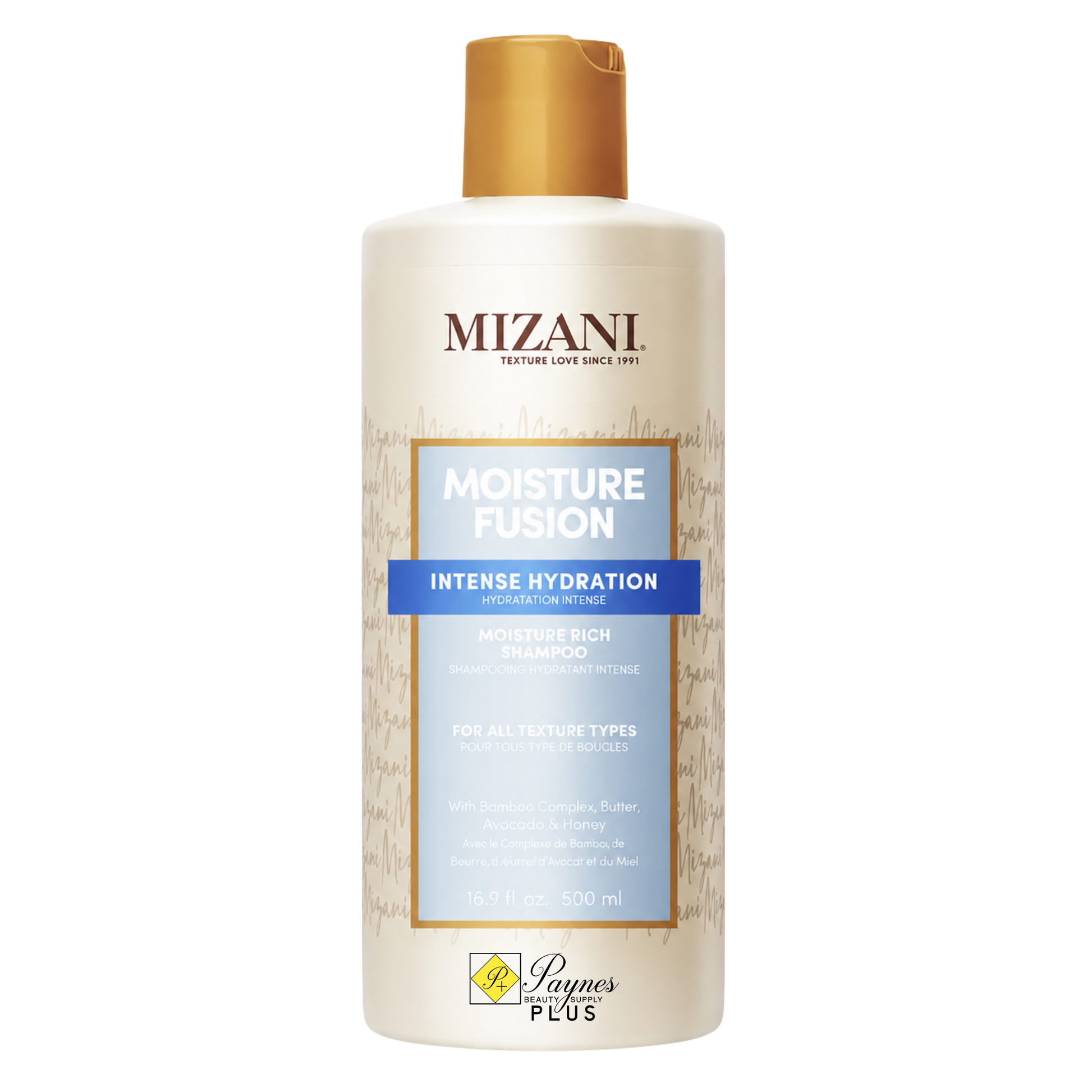 A 16.9oz bottle of Mizani Moisture Fusion Intense Hydration Moisturizer Rich Shampoo. The bottle is a warm cream color with a metallic gold cap and a light blue and gold label, set against a plain white background.