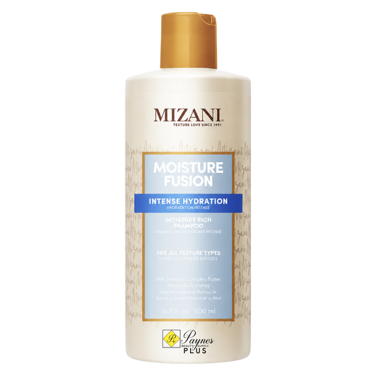 A 16.9oz bottle of Mizani Moisture Fusion Intense Hydration Moisturizer Rich Shampoo. The bottle is a warm cream color with a metallic gold cap and a light blue and gold label, set against a plain white background.