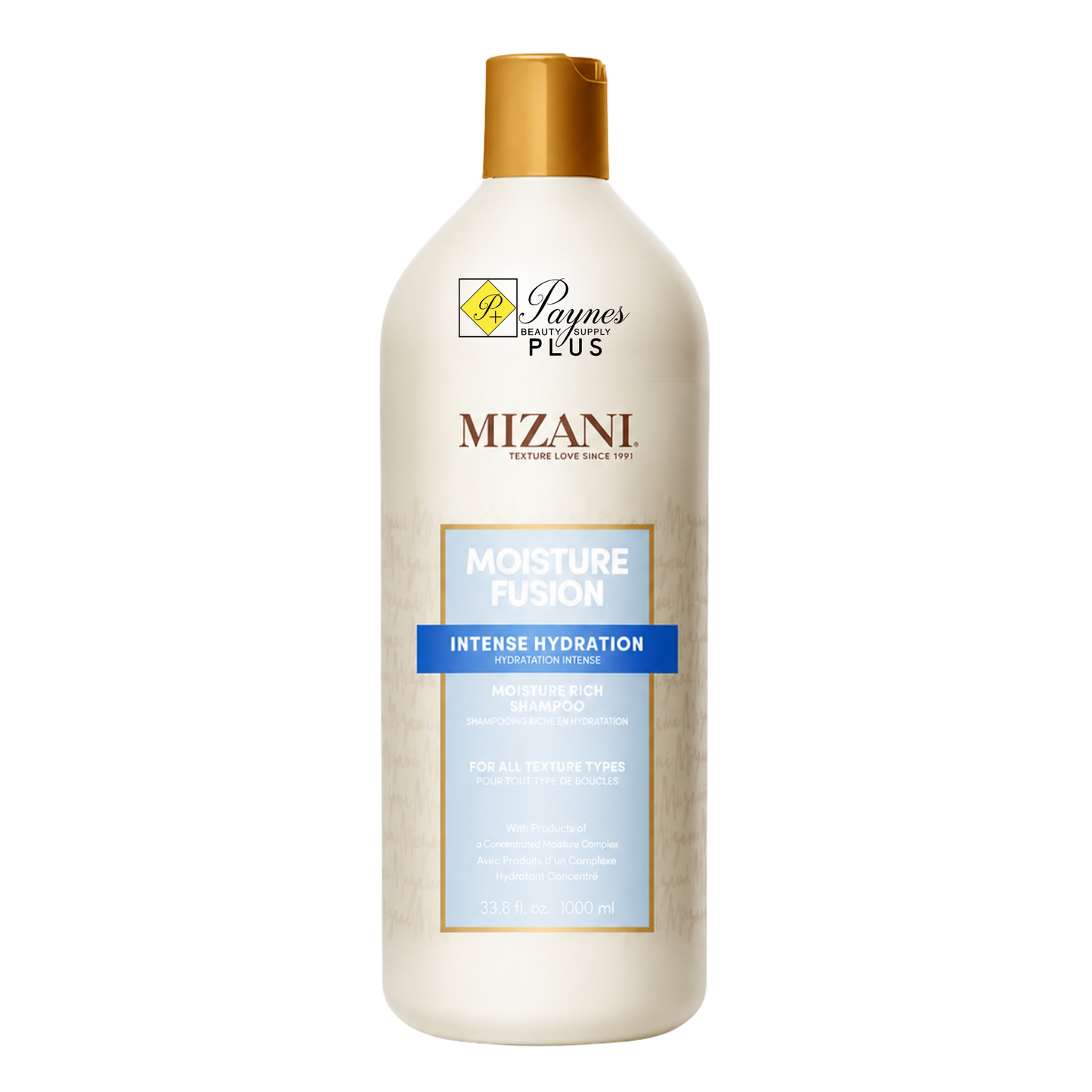 A 33.8 oz bottle of Mizani Moisture Fusion Intense Hydration Moisturizer Rich Shampoo. The bottle is a warm cream color with a metallic gold cap and a light blue and gold label, set against a plain white background.