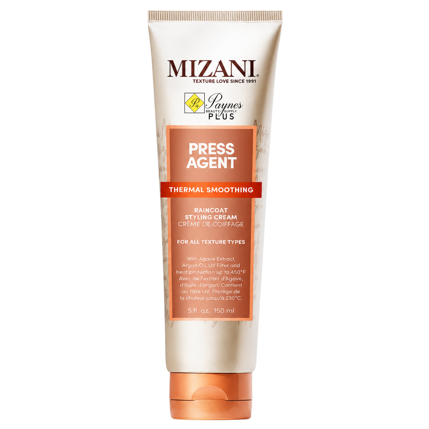 A squeeze tube of Mizani Press Agent Thermal Smoothing Raincoat Styling Cream on a plain white background.