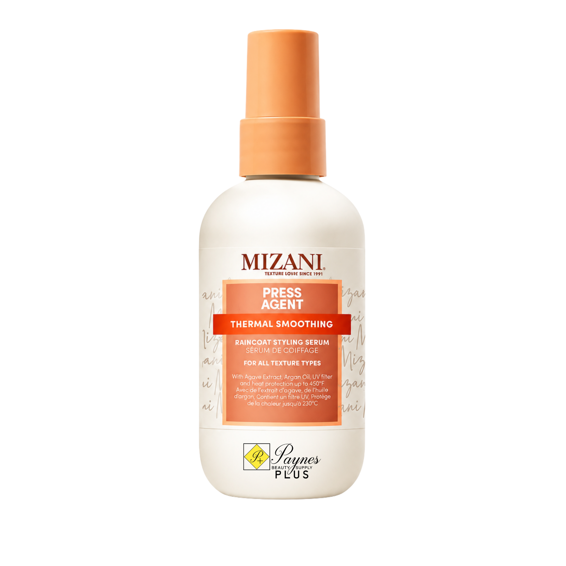 Mizani Press Agent Thermal Smoothing Hair Smoother 3.38oz in a white bottle with an orange spray nozzle and label accents, on a white background.