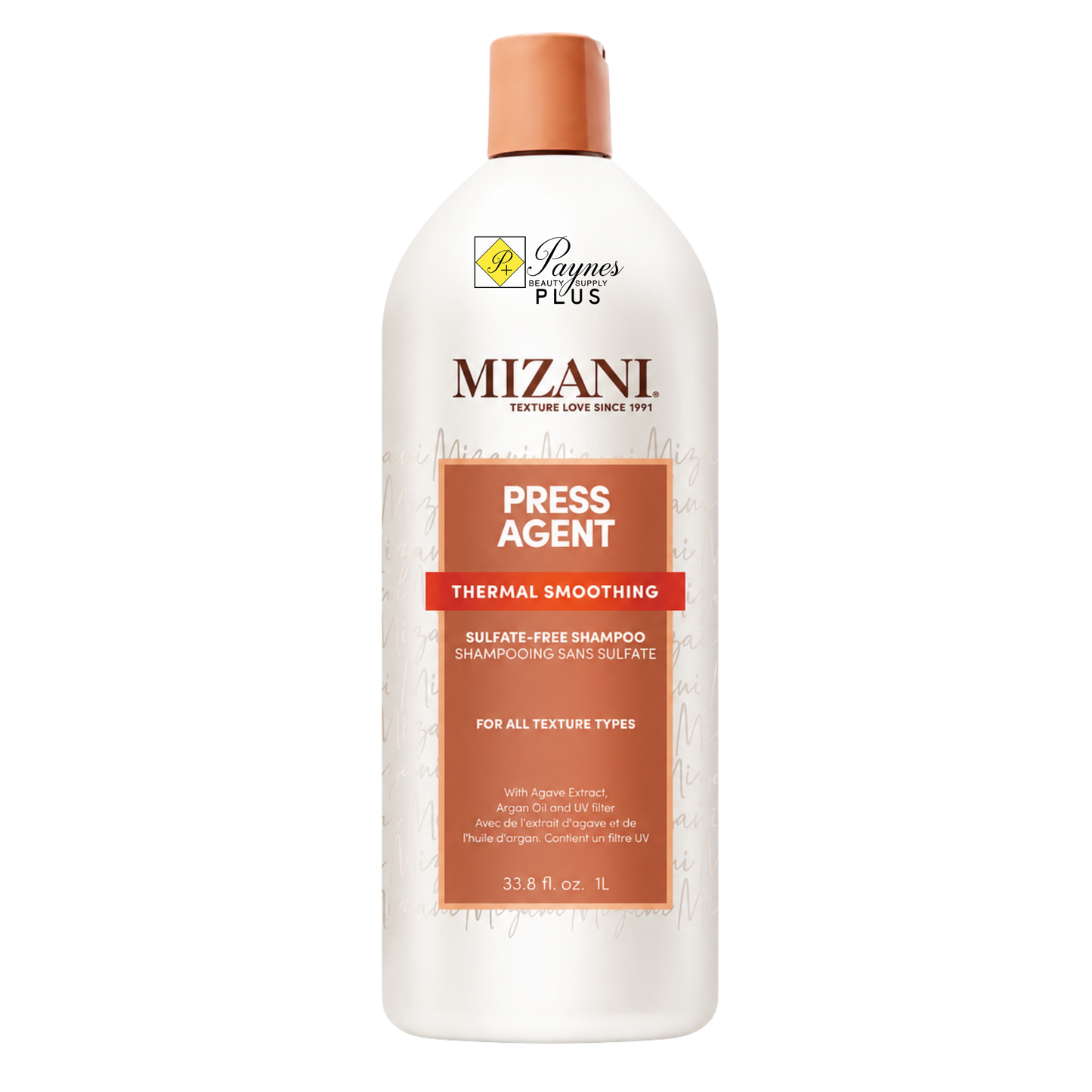 A 33.8 fl oz bottle of Mizani Press Agent Thermal Smoothing shampoo, featuring a white bottle with a peach-colored cap and a peach label, on a solid white background.