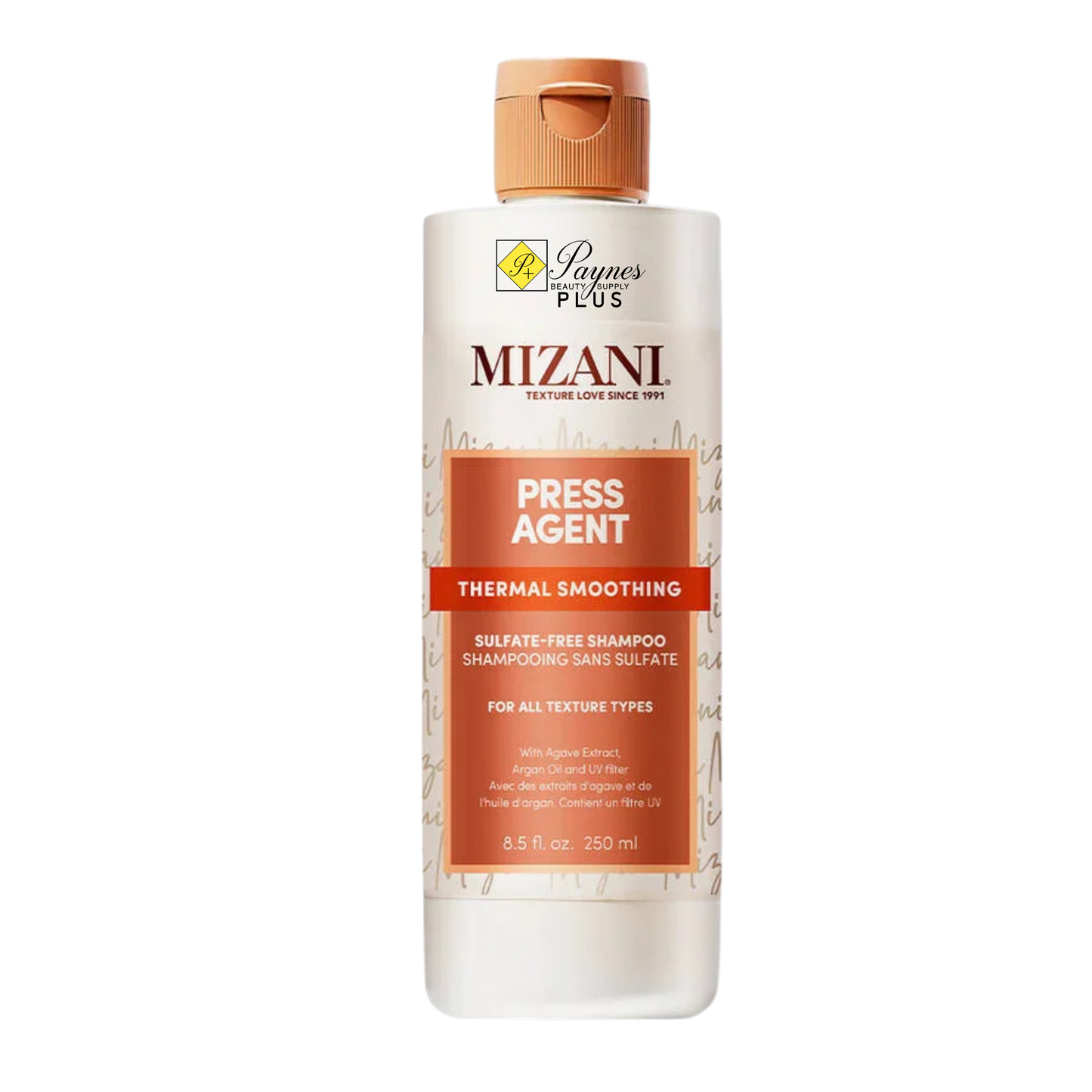 A 8.5 fl oz bottle of Mizani Press Agent Thermal Smoothing shampoo, featuring a white bottle with a peach-colored cap and a peach label, on a solid white background.