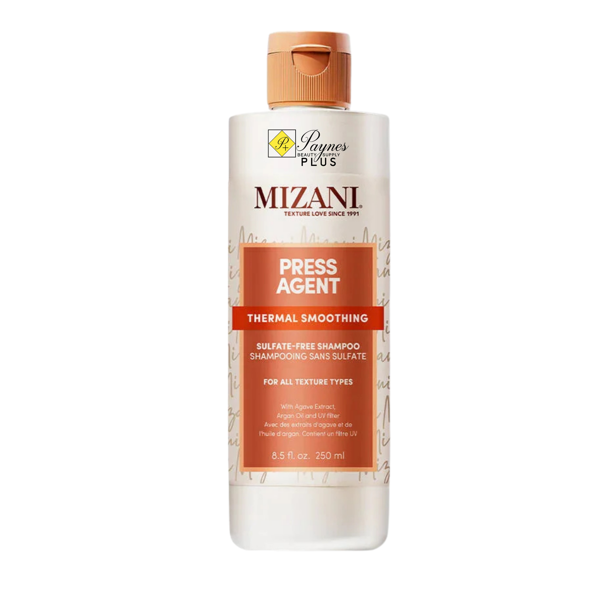 A 8.5 fl oz bottle of Mizani Press Agent Thermal Smoothing shampoo, featuring a white bottle with a peach-colored cap and a peach label, on a solid white background.