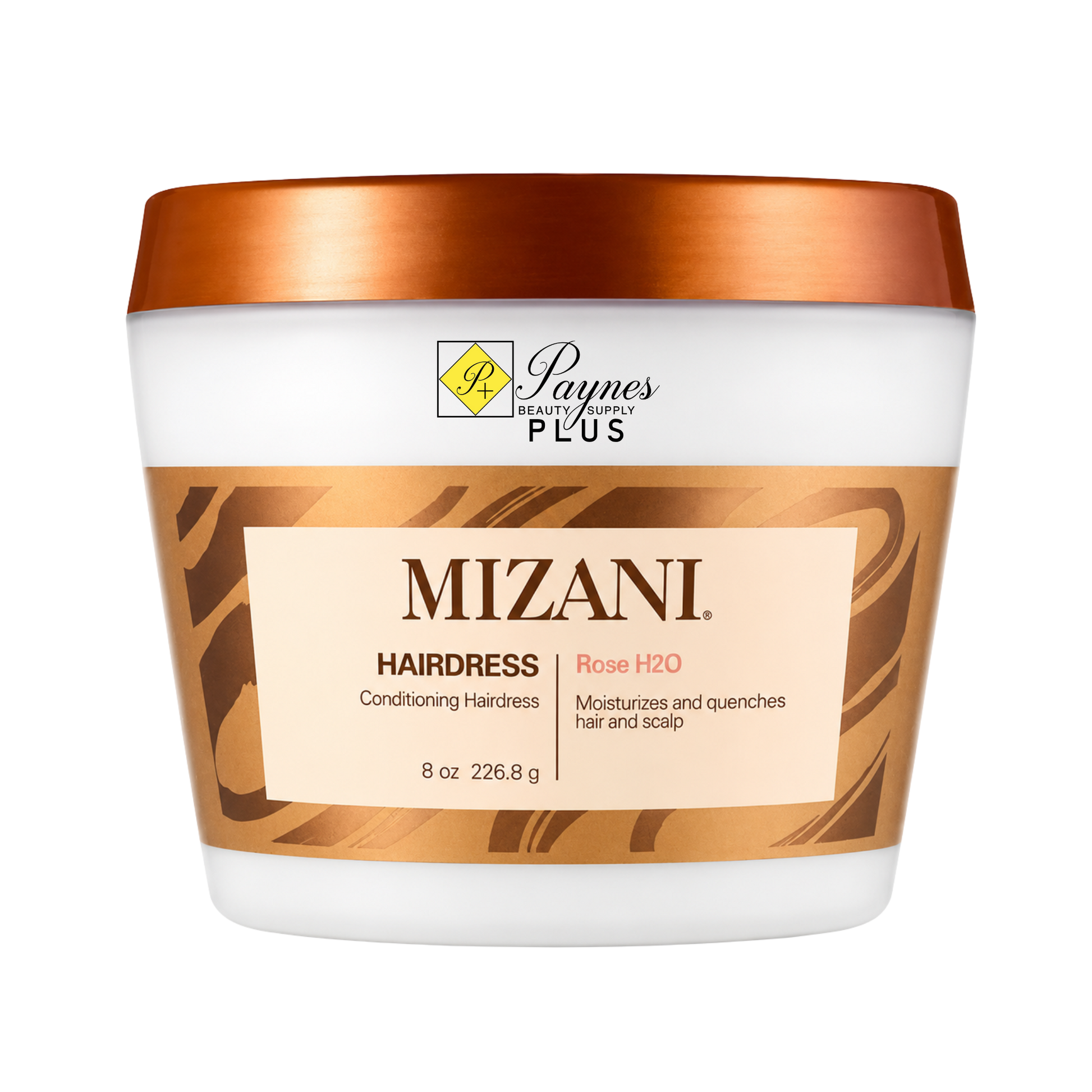An 8 oz jar of Mizani Hairdress Rose H2O Conditioning Hairdress from Paynes Beauty Plus, featuring a white container with a metallic copper lid and a beige label.