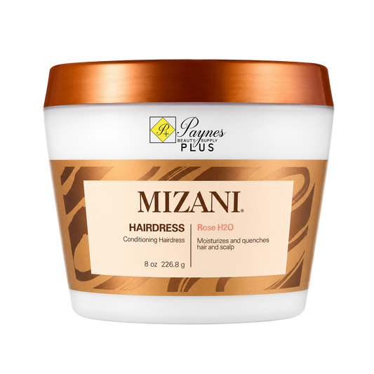 An 8 oz jar of Mizani Hairdress Rose H2O Conditioning Hairdress from Paynes Beauty Plus, featuring a white container with a metallic copper lid and a beige label.