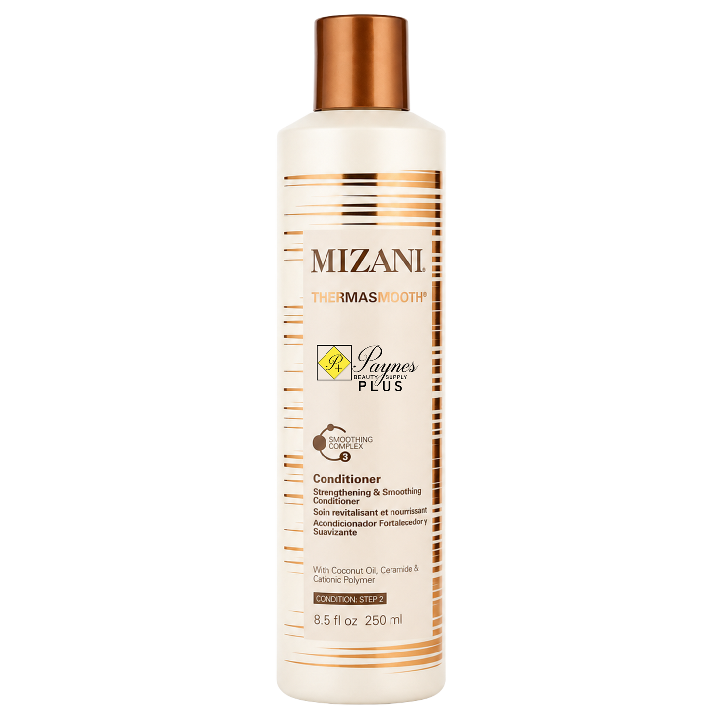 A 8.5oz bottle of Mizani Thermasmooth Conditioner with a white bottle, copper-colored cap, and copper and gold striped label, on a plain white background.
