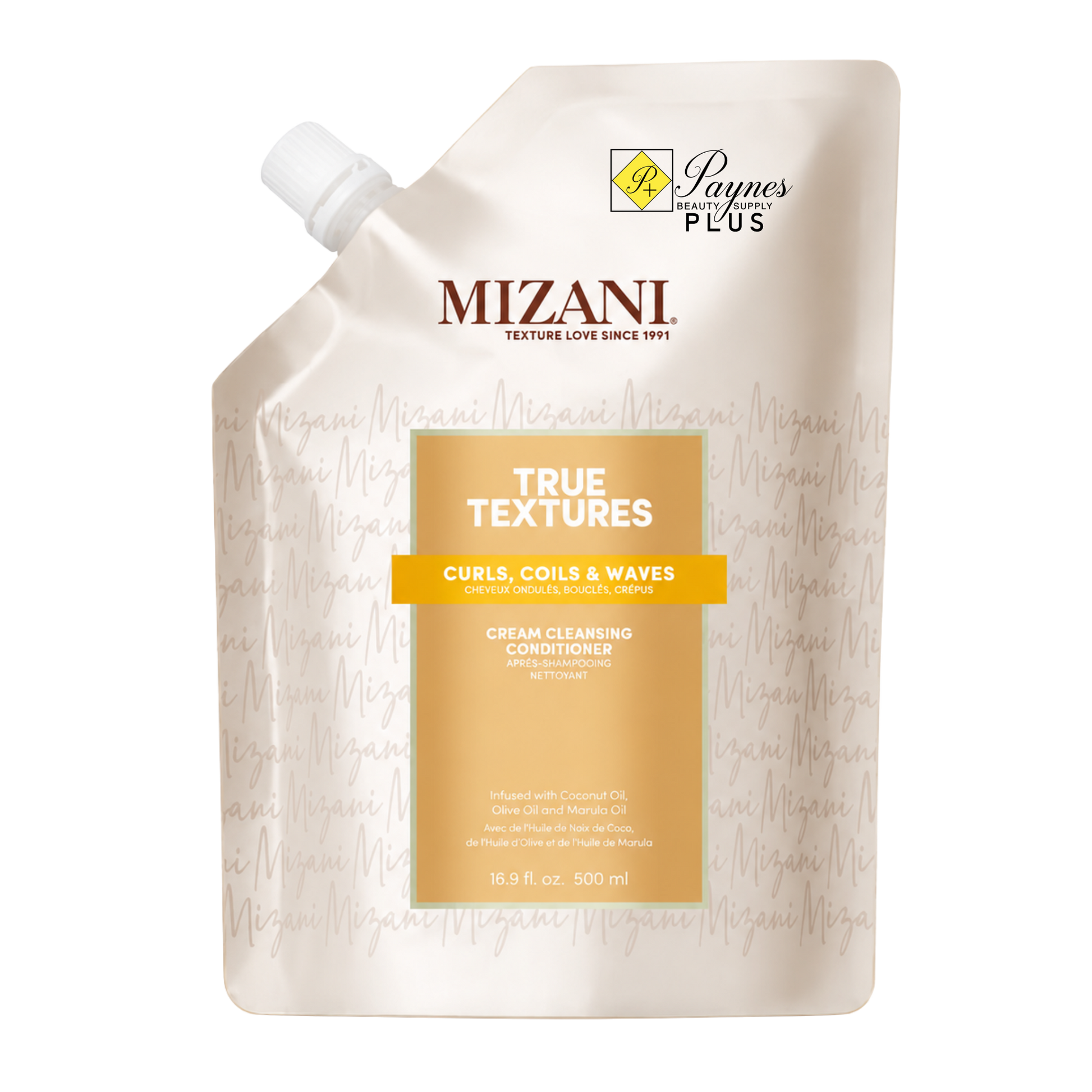 Mizani True Textures Curls Coils & Waves Cream Cleansing Conditioner in a 16.9 white squeeze pouch with a tan label.