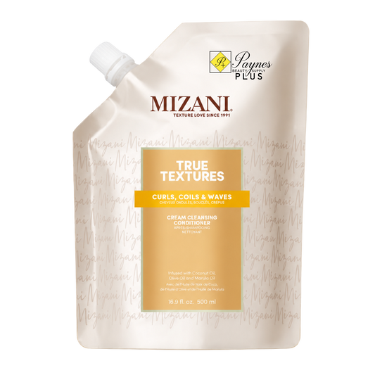 Mizani True Textures Curls Coils & Waves Cream Cleansing Conditioner in a 16.9 white squeeze pouch with a tan label.