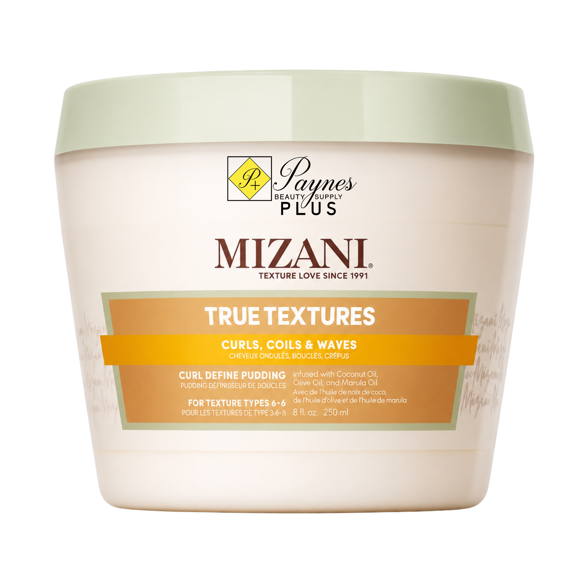 A white plastic 8oz  jar of Mizani True Textures Curl Define Pudding hair product with a light sage green lid, on a plain white background.