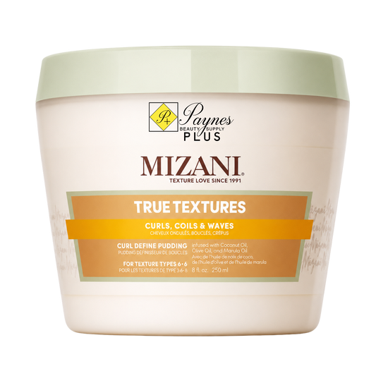 A white plastic 8oz  jar of Mizani True Textures Curl Define Pudding hair product with a light sage green lid, on a plain white background.