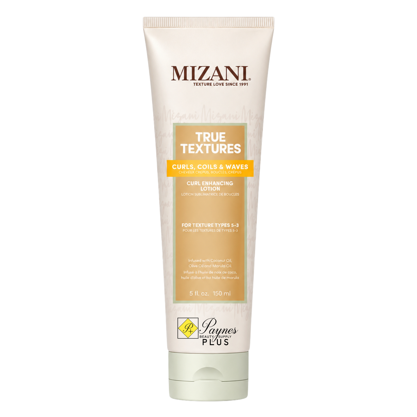A 5 fl oz squeeze tube of Mizani True Textures Curl Enhancing Lotion on a plain white background.