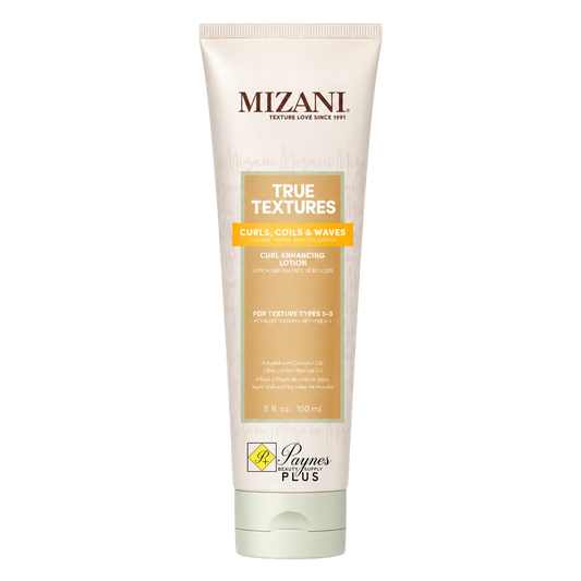 A 5 fl oz squeeze tube of Mizani True Textures Curl Enhancing Lotion on a plain white background.
