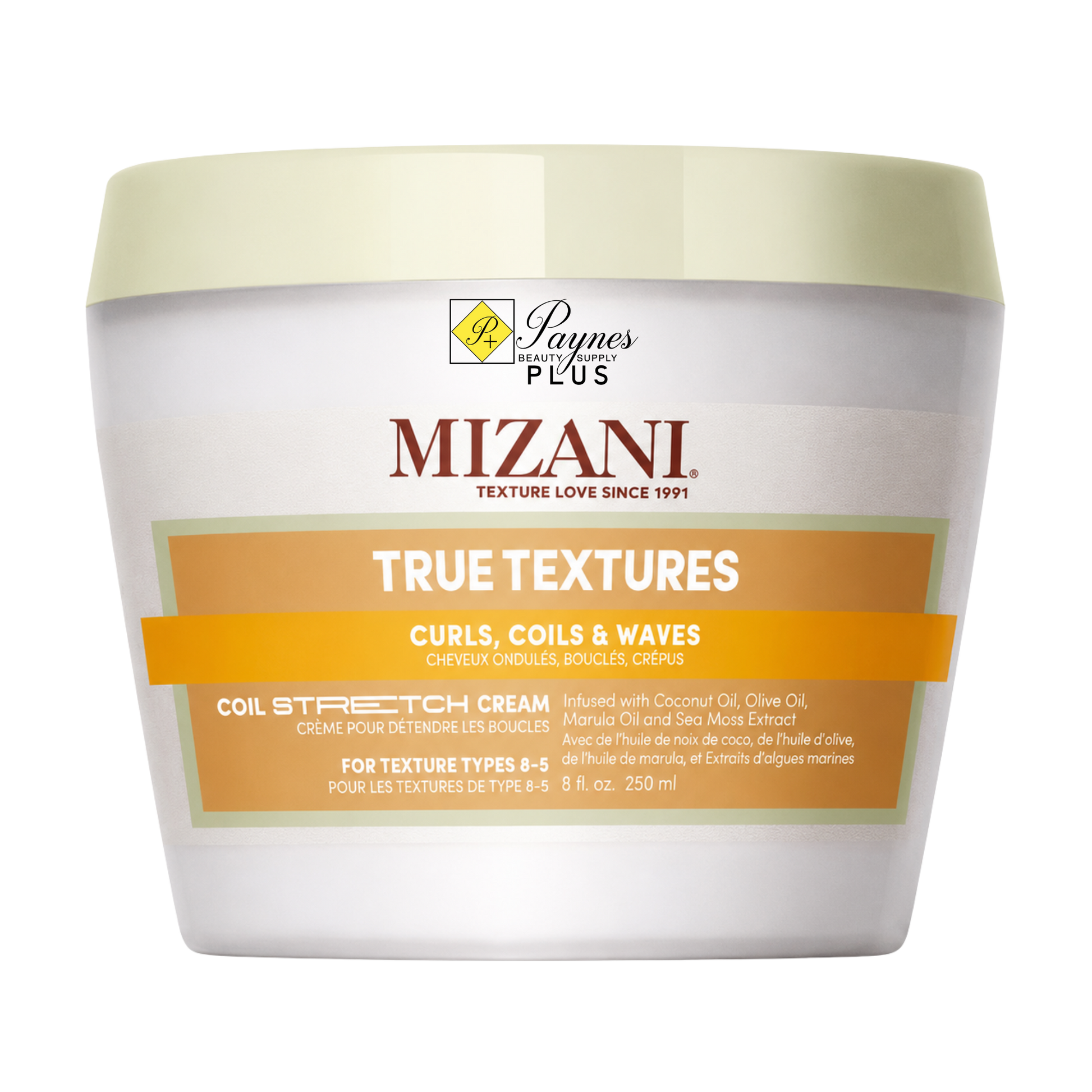 A 8oz white plastic jar of Mizani True Textures Coil Stretch Cream with a pale yellow lid, on a clean white background.