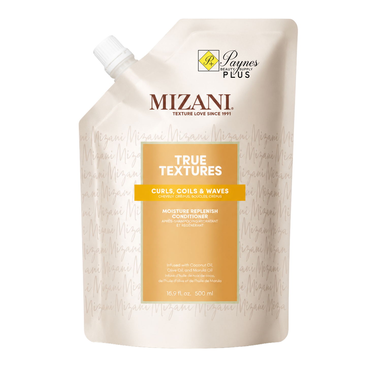 A 16.9oz squeeze pouch of Mizani True Textures Curl, Coils & Waves Moisture Refresh Conditioner, featuring a cream-colored body with a prominent golden-yellow label and white cap.