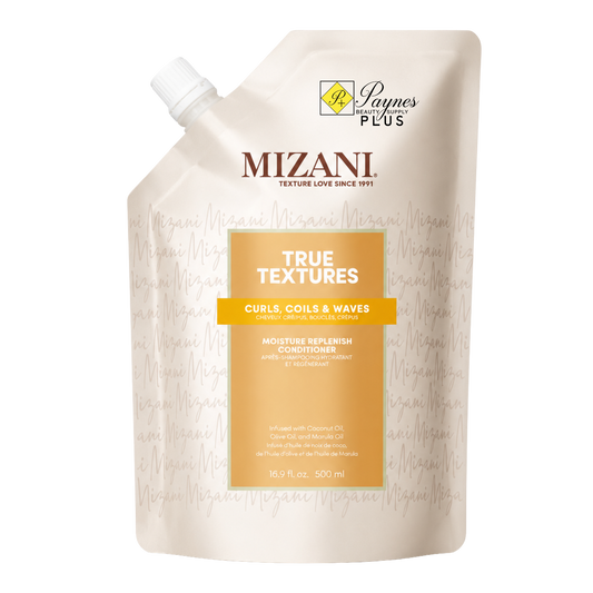 A 16.9oz squeeze pouch of Mizani True Textures Curl, Coils & Waves Moisture Refresh Conditioner, featuring a cream-colored body with a prominent golden-yellow label and white cap.