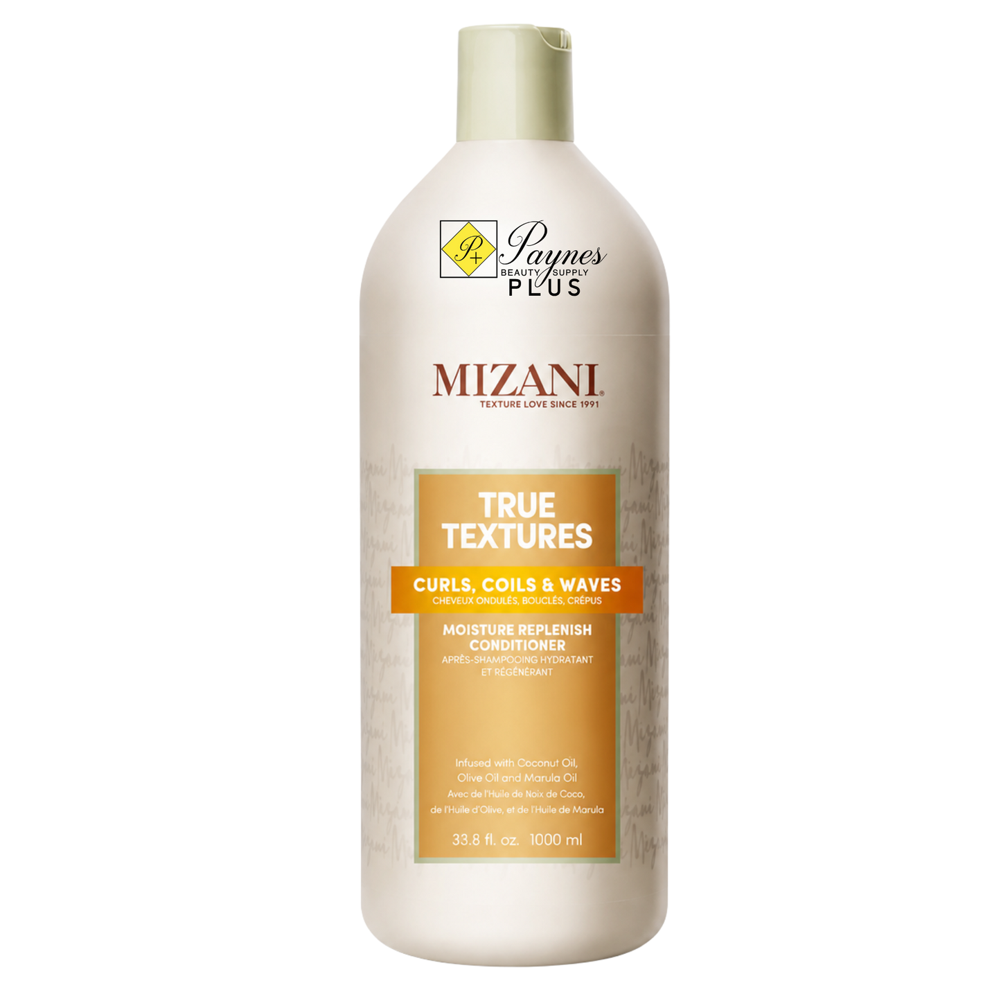 A 33.8oz squeeze pouch of Mizani True Textures Curl, Coils & Waves Moisture Refresh Conditioner, featuring a cream-colored body with a prominent golden-yellow label and white cap.