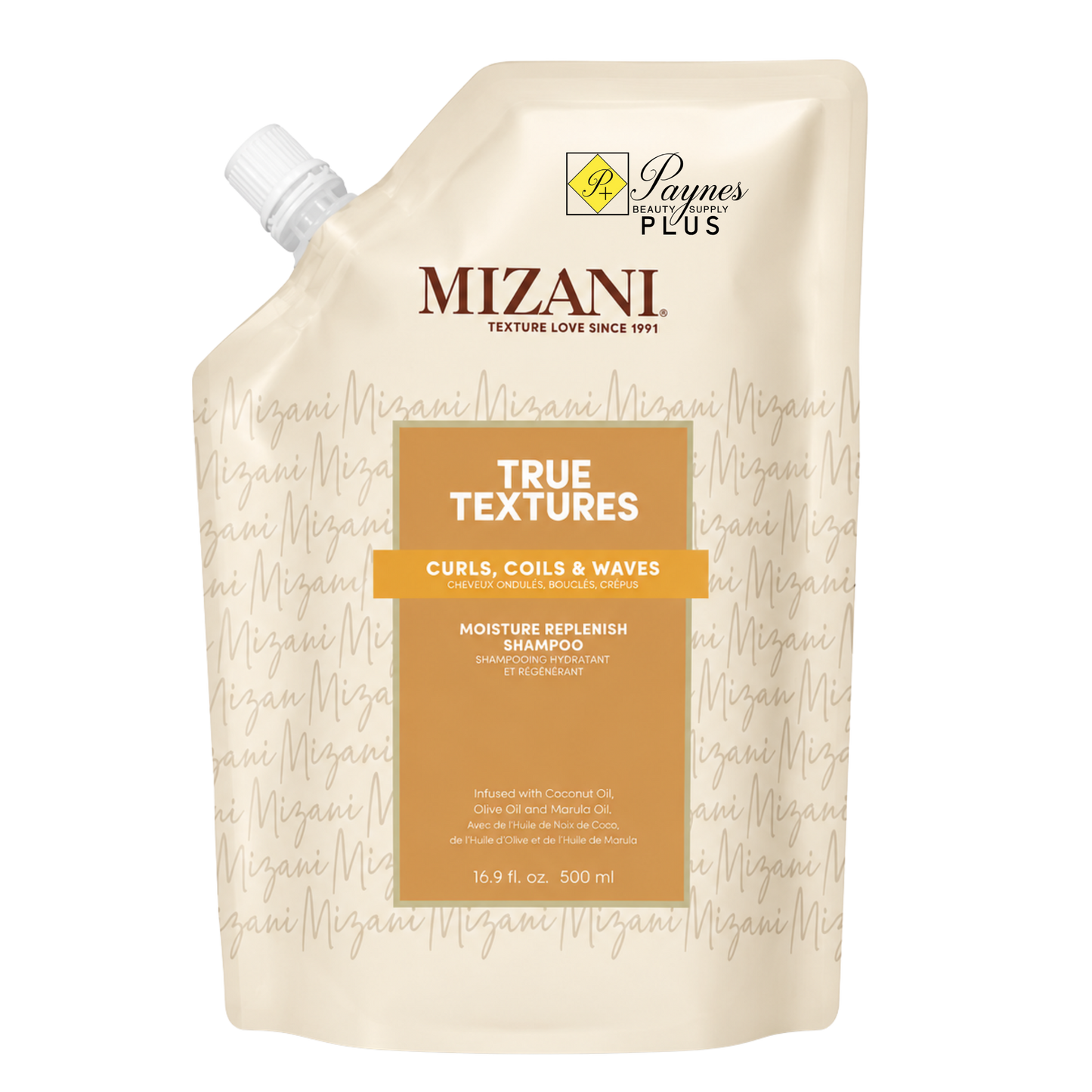 A 16.9oz squeeze pouch of Mizani True Textures Moisture Replenish Shampoo, featuring a beige and orange design with a white cap, on a solid white background.