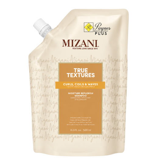 A 16.9oz squeeze pouch of Mizani True Textures Moisture Replenish Shampoo, featuring a beige and orange design with a white cap, on a solid white background.