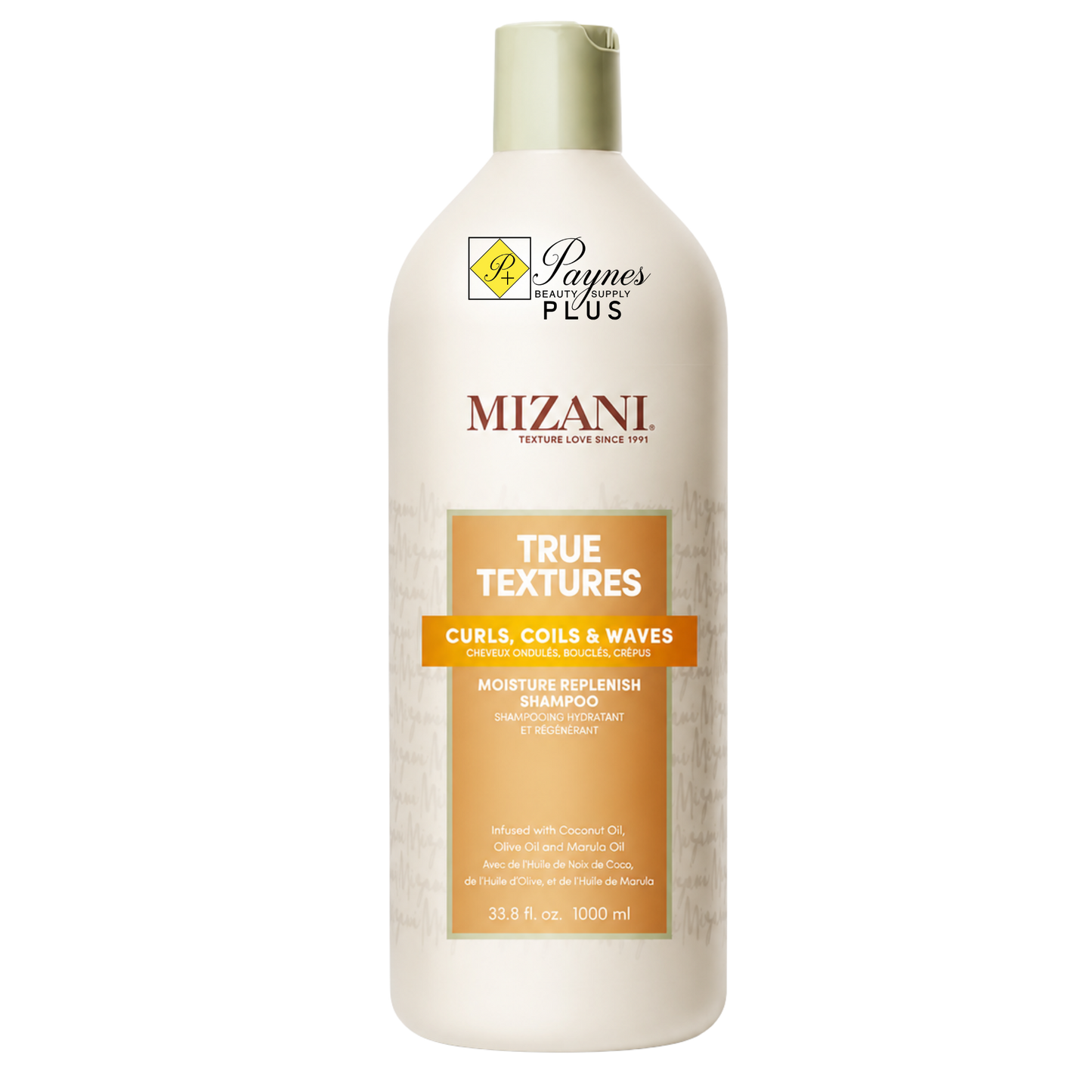 A 33.8oz squeeze pouch of Mizani True Textures Moisture Replenish Shampoo, featuring a beige and orange design with a white cap, on a solid white background.