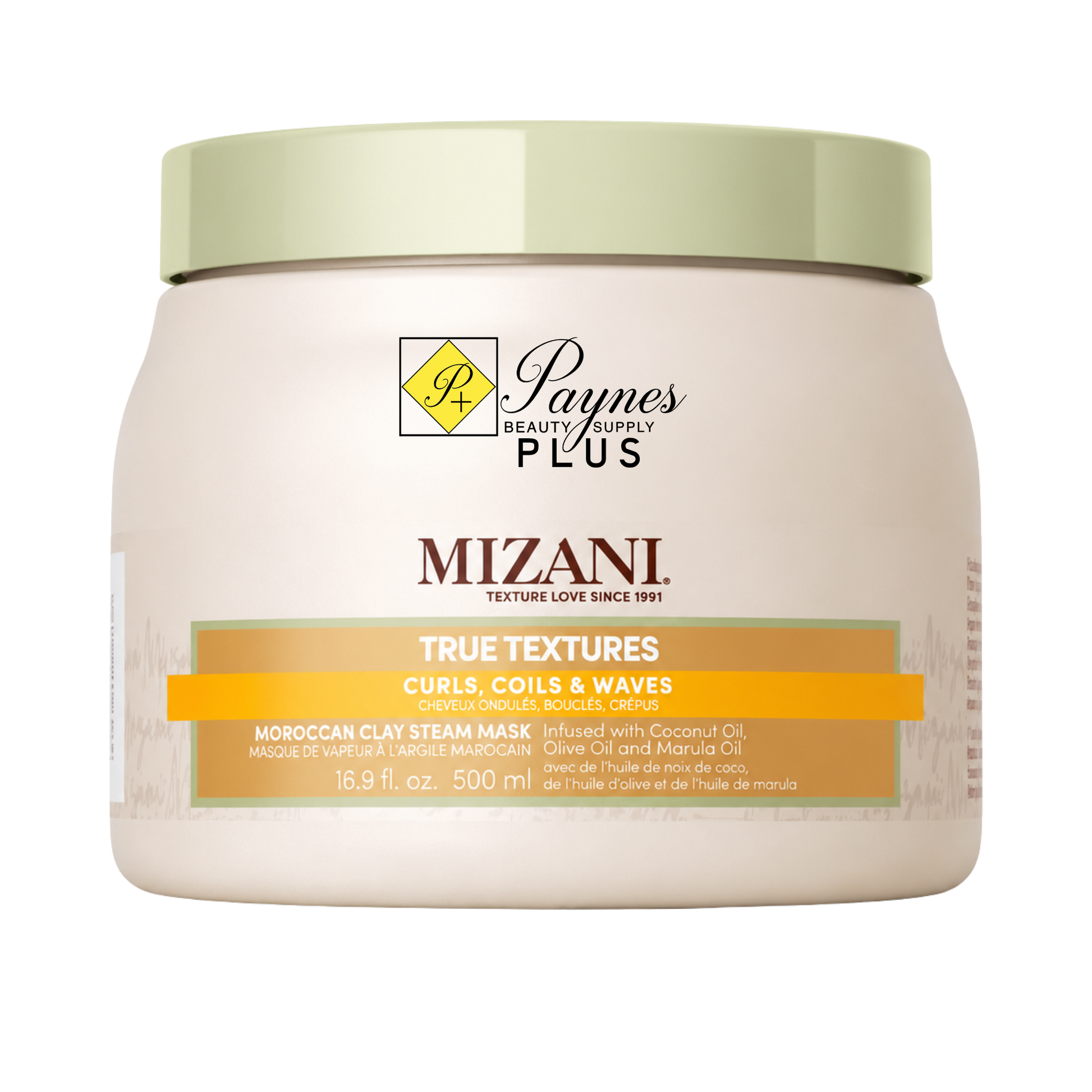 A 16.9oz jar of Mizani True Textures Moroccan Clay Steam Mask on a plain white background. The product is in a cream-colored plastic jar with a light sage green lid and a label featuring orange and green accents.