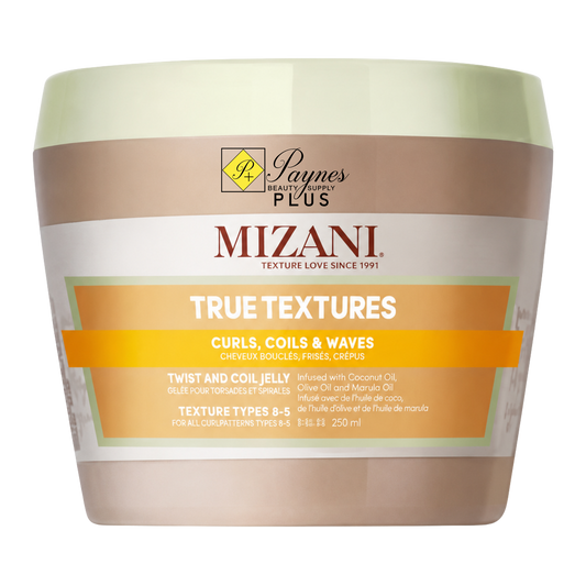 A 8oz jar of Mizani True Textures Curl, Coil & Wave styling gel, featuring a beige and white label with a yellow-orange accent band, on a white background.