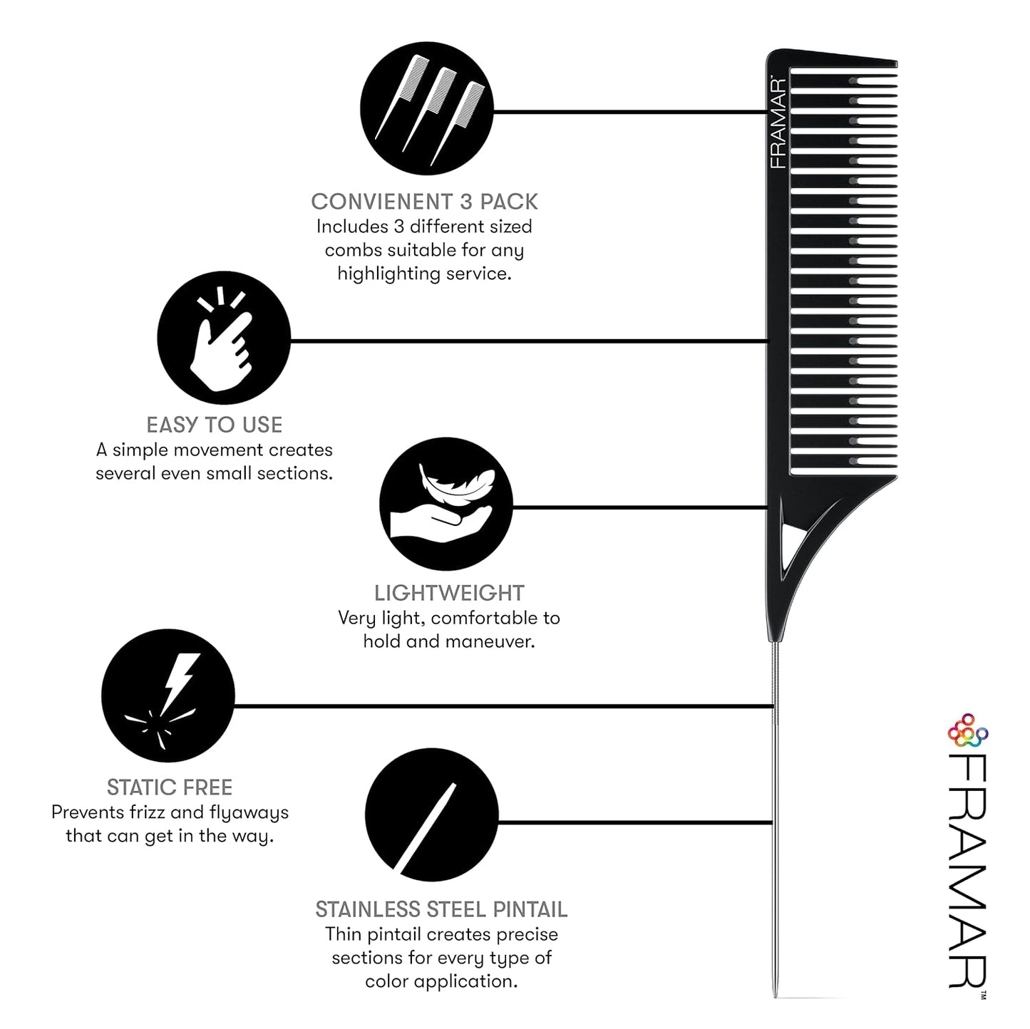 Dreamweaver Highlight Comb Set – Professional Foiling & Parting Combs for Hair Highlighting, Precision Highlighting Combs with Parting Tip (3‑Pack, Black)