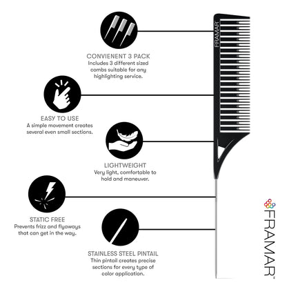 Dreamweaver Highlight Comb Set – Professional Foiling & Parting Combs for Hair Highlighting, Precision Highlighting Combs with Parting Tip (3‑Pack, Black)