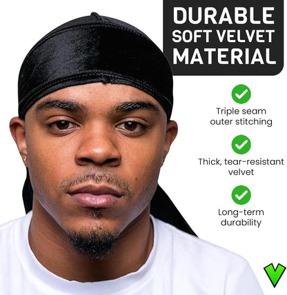 Superior Velvet Durag – Extra Long Straps, Silky Interior, Breathable Compression for 360/540/720 Waves