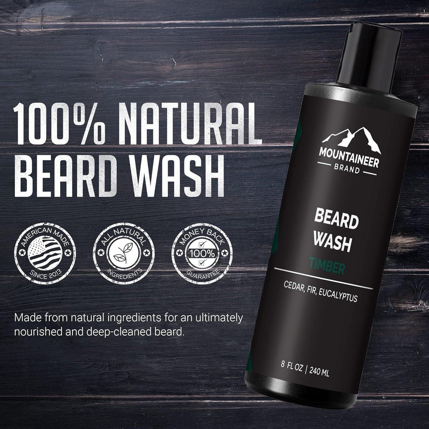 Beard Wash for Men – 100% Natural Beard Shampoo with Thick Softening Lather, Hydrating & Detangling Grooming Treatment for Hair & Skin, Timber Scent (8oz)