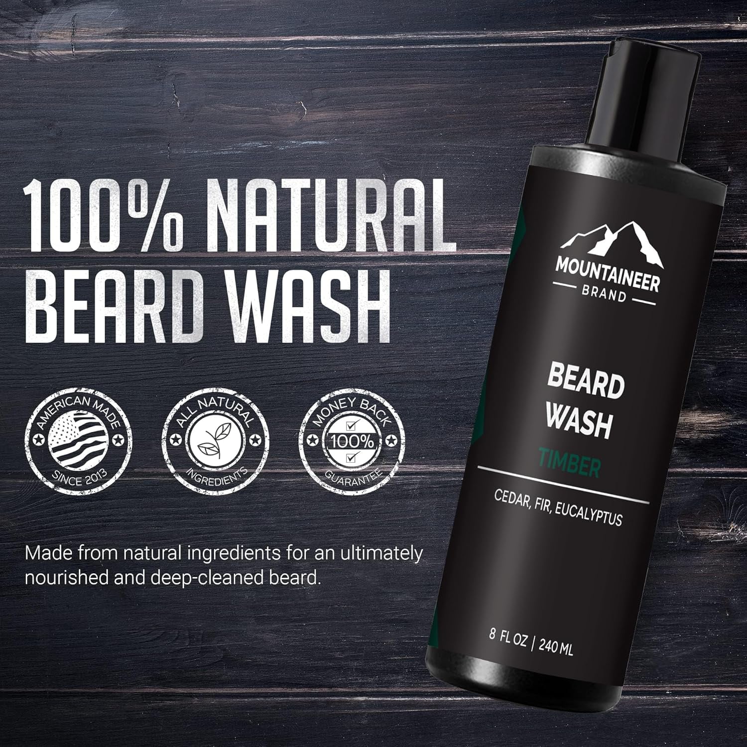 Beard Wash for Men – 100% Natural Beard Shampoo with Thick Softening Lather, Hydrating & Detangling Grooming Treatment for Hair & Skin, Timber Scent (8oz)