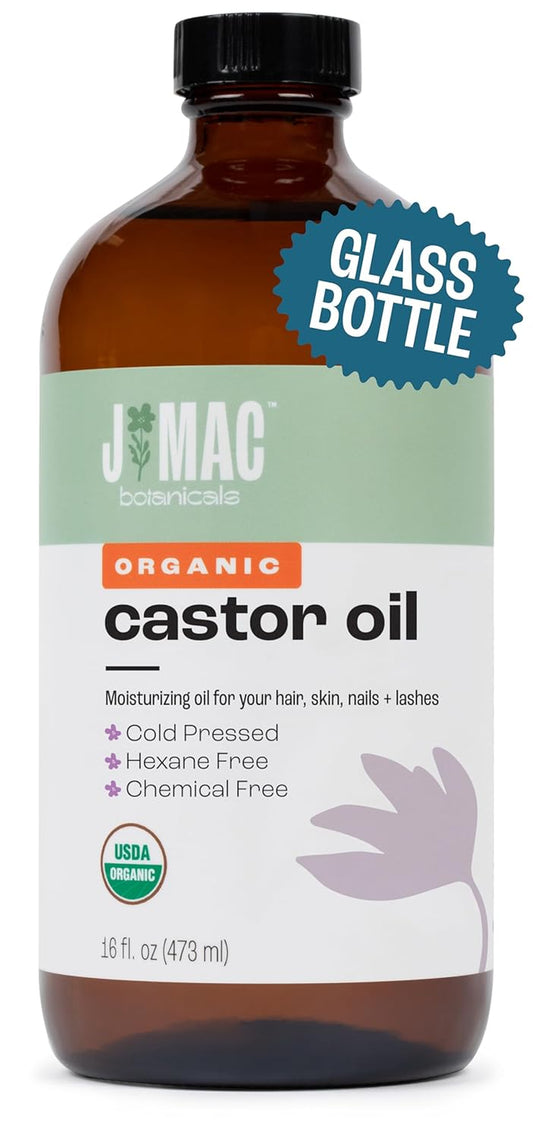 Organic Castor Oil – Cold‑Pressed, Pure & Unrefined, Hexane‑Free, 16 oz Glass Bottle for Face, Skin, Hair, Eyelashes, Packs & Wraps